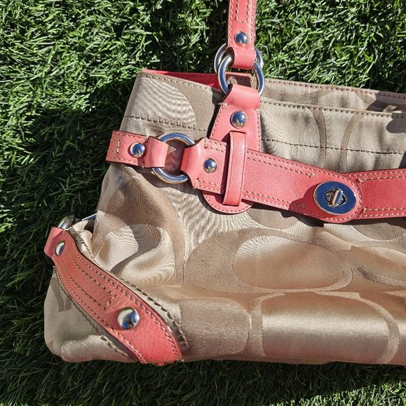 Coach Signature Canvas Shoulder Purse Satchel Neon Coral **WITH Coach Dust Bag** - Picture 3 of 16